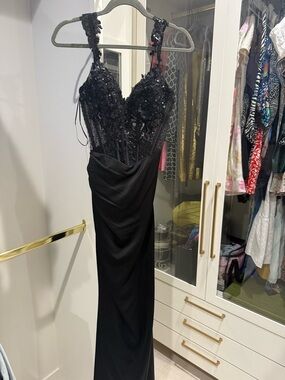 Elegant Black Embellished Evening Gown - Women's Dress